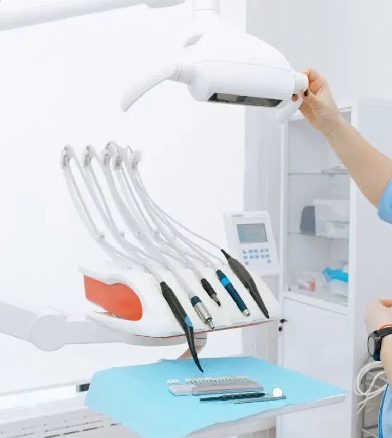 Modern dental equipment on table in light room in clinic